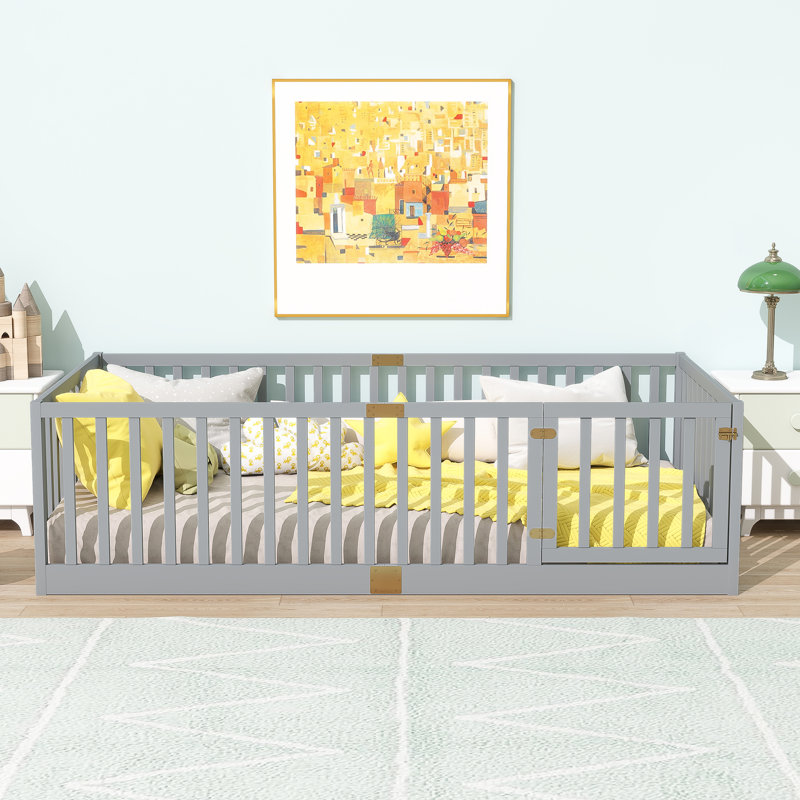 Twin Size Floor Bed with High Fence Railings, with Door, Rubber Wood Floor Bed with Safety Guardrails,Grey, Gray, Twin