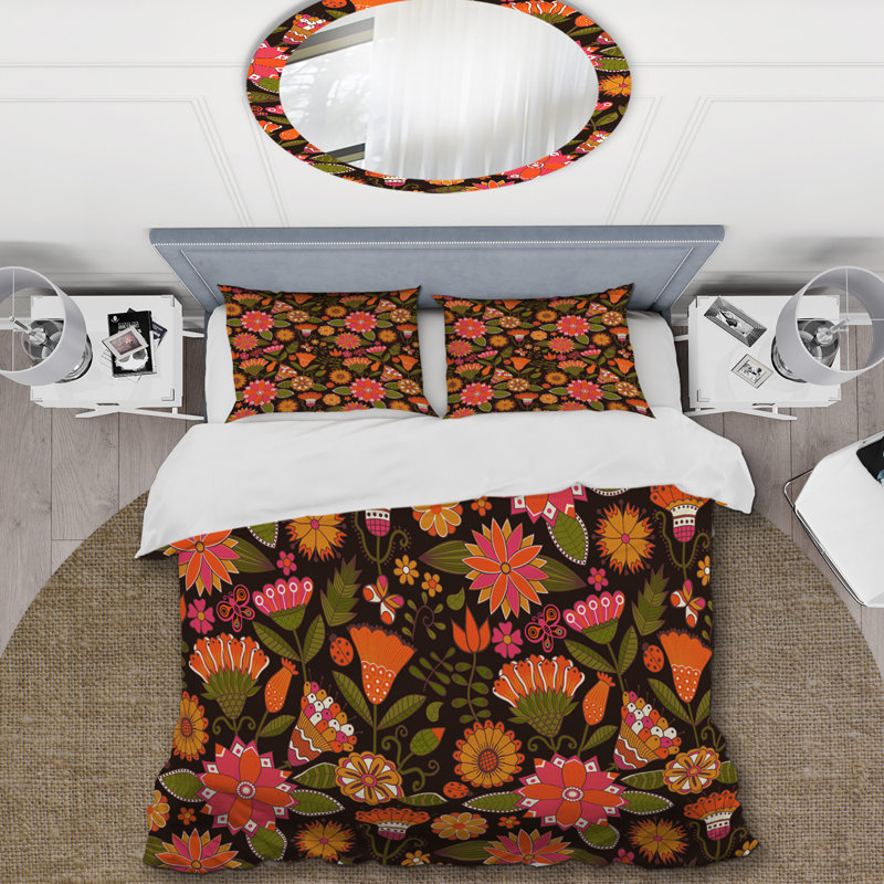 Ensemble de housse de couette orange à motif floral et feuille verte - Cabin & Lodge