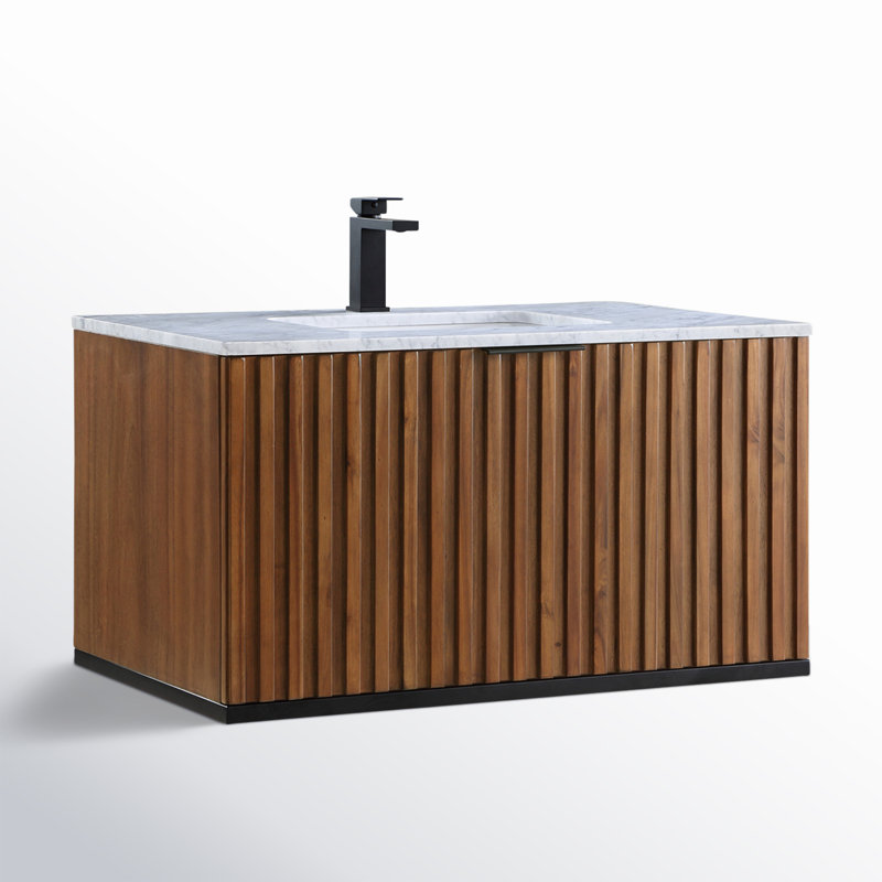 Terra 36'' W Single Vanity, Walnut, Carrara Marble/Single Faucet Mount, Matte Black