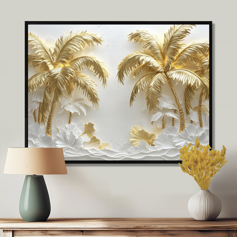 Art mural Clodovea crème dorée sur la plage II - palmiers et palmiers, H 24 po x l 32 po, Impression encadrée flottante