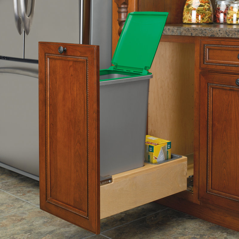 White Plastic Single 35 Qt Pull-Out Trash Bin with Maple Wood Frame