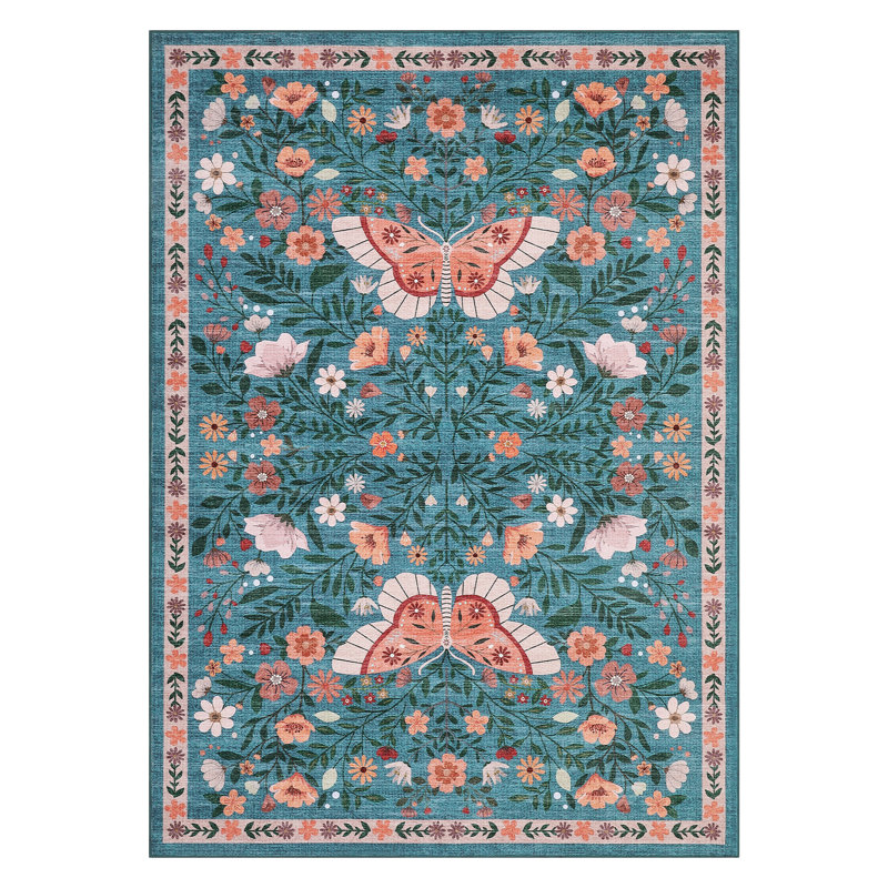 Farmhouse Floral Machine Washable Rug with Non Slip TPR Backing Soft Thin Foldable Mat Botanical Butterfly Printed Carpet Low Pile Non Shedding Carpet