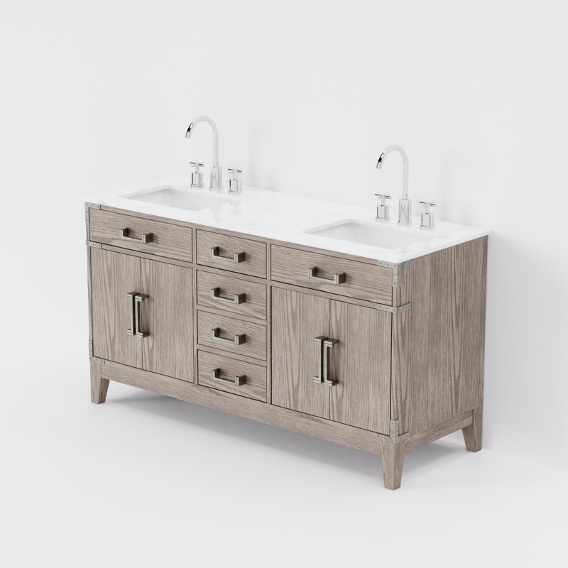 Ensemble de meuble-lavabo double 60 po x P 22 po Laurel, Marbre de Carrare blanc, Chêne gris