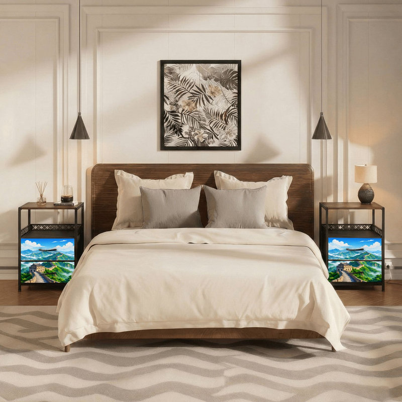 Table de chevet 2 tiroirs avec station de charge, table de chevet pour chambre avec ports USB et amp; Outlets, tablette ouverte noire, table de chevet avec impression de ciel bleu Great Hills