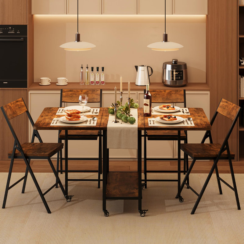 Ensemble de table de salle à manger pliable pour 4 personnes, table à abattants et 4 chaises pliantes, roues pivotantes, pour petit espace, appartement, cuisine, salle à manger, brun rustique