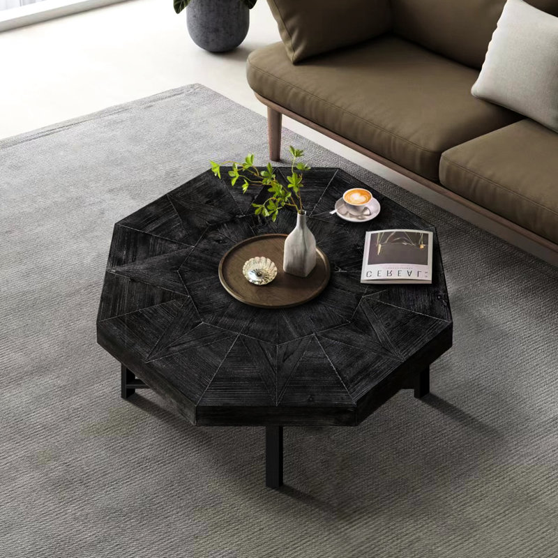 Table basse en bois octogonale rétro avec patchwork de 30 pouces en bois, Noir antique