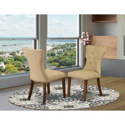 Gallatin Parson Dining Chairs - Button Tufted Nailhead Trim Brown Linen Fabric Upholstered Chairs, Set of 2, Walnut