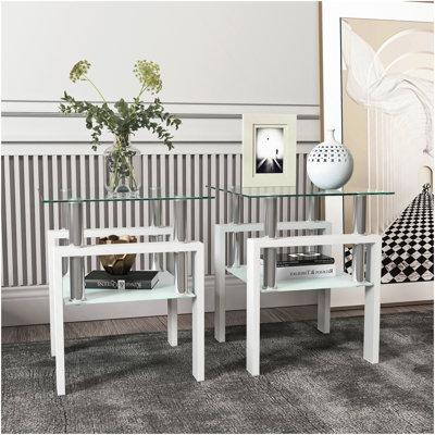 Ensemble de 2 tables à thé modernes en verre trempé, plateau en verre trempé avec panneau de fibres à densité moyenne, table basse, table de bout, table carrée pour le salon, gris / noir