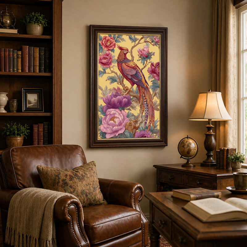 Art mural antique sur toile encadré doré pour le salon, la chambre à coucher, le bureau ou le vestibule - Décoration murale décorative avec oiseau floral