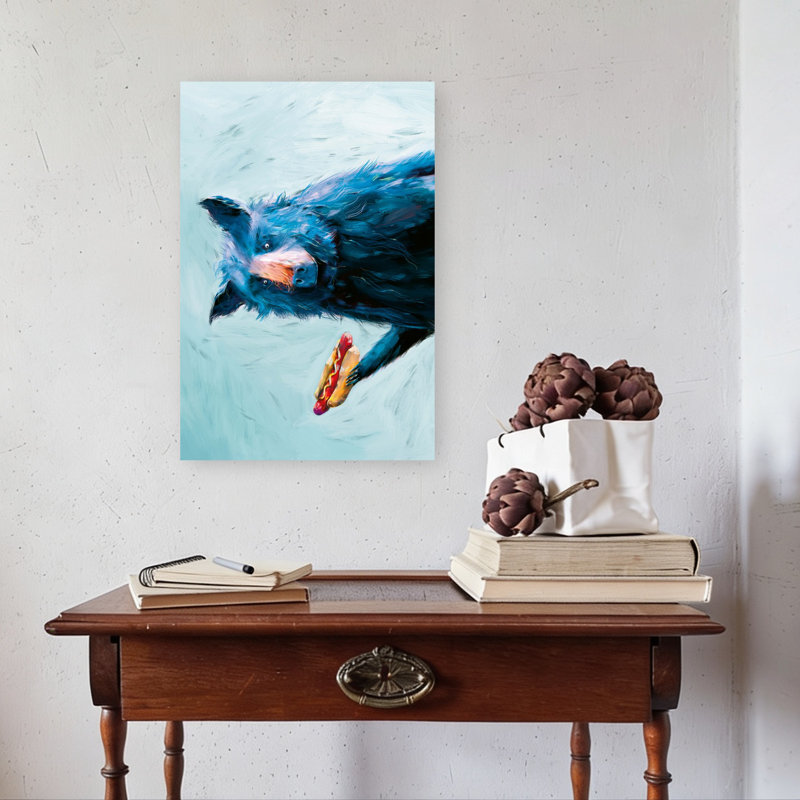 «Blue Bear Hot Dog Playful Whimsical Contemporary Bear Dog», art mural, 24" H x 16" W