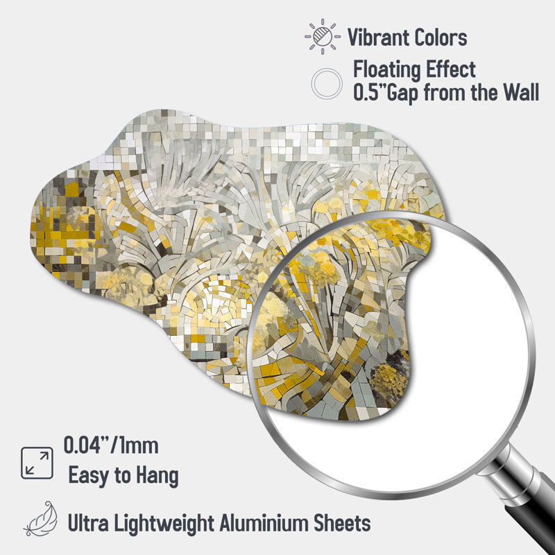«Yellow and Cream Bohemian Medley I - Cloud Boho Mosaic Art», reproduction de sculpture murale asymétrique en métal