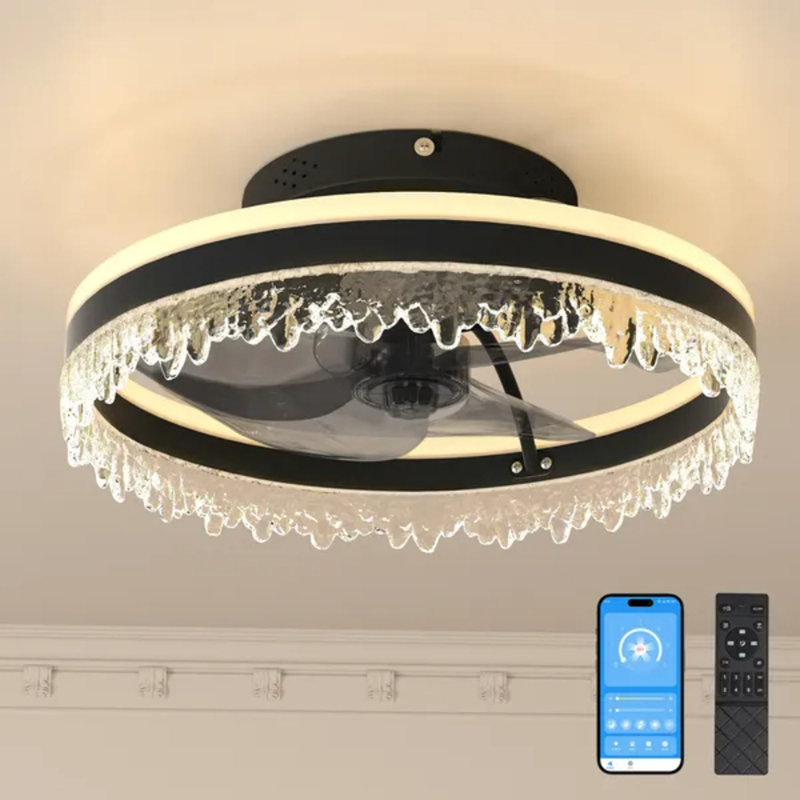 Modern Led Ceiling Fan With Light, 16'' Dimmable Flush Mount Fan With Invisible Blades & Crystal Design, Remote & App Control, Quiet Black Fan For Bedroom Living Room Dining Room