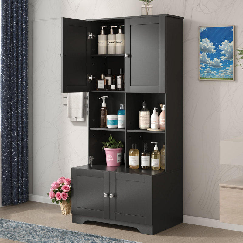 Tall & Wide Freestanding Bathroom Floor Cabinet | 4 Doors, Adjustable Shelves & Open Multi-Layer Shelves | Spacious Storage Unit for Toiletries, Towels & Essentials | Ideal for Humid Bathroom Environments