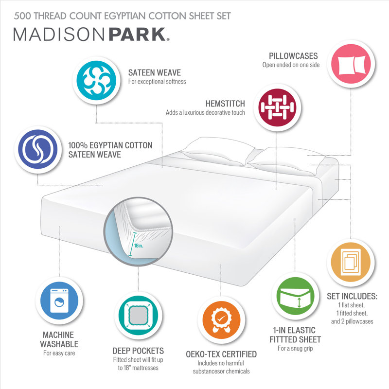 500 Thread Count Egyptian-Quality Cotton Deep Pocket Sheet Set, Queen, White