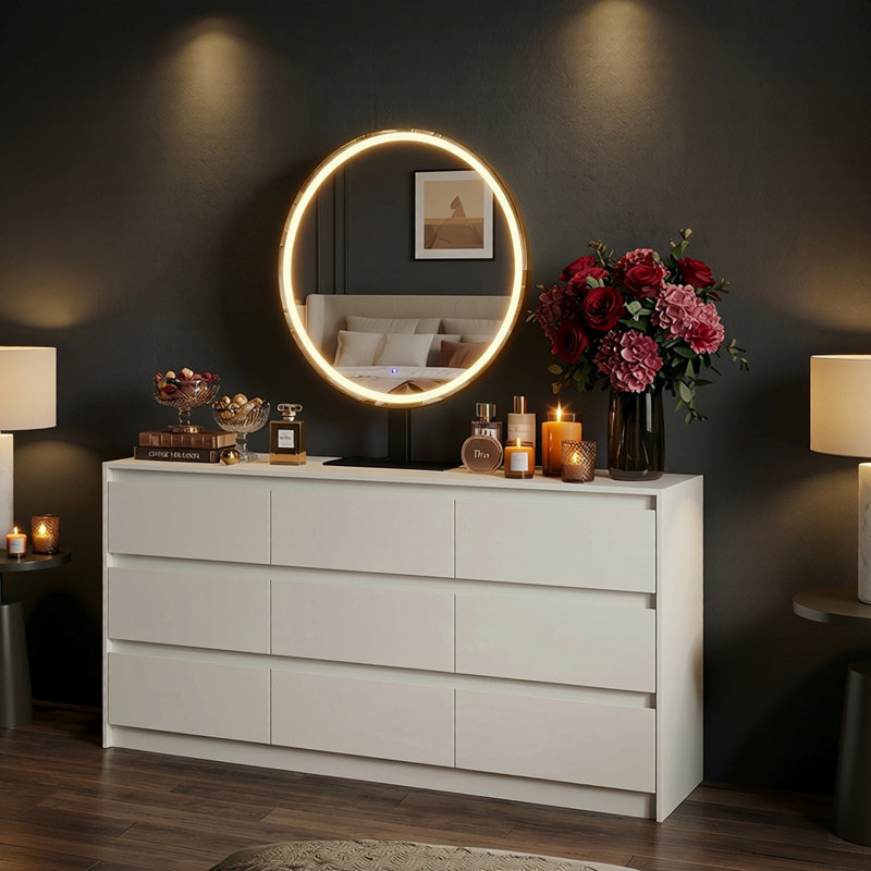 Commode blanche à 9 tiroirs avec miroir DEL (3 modes d'éclairage)