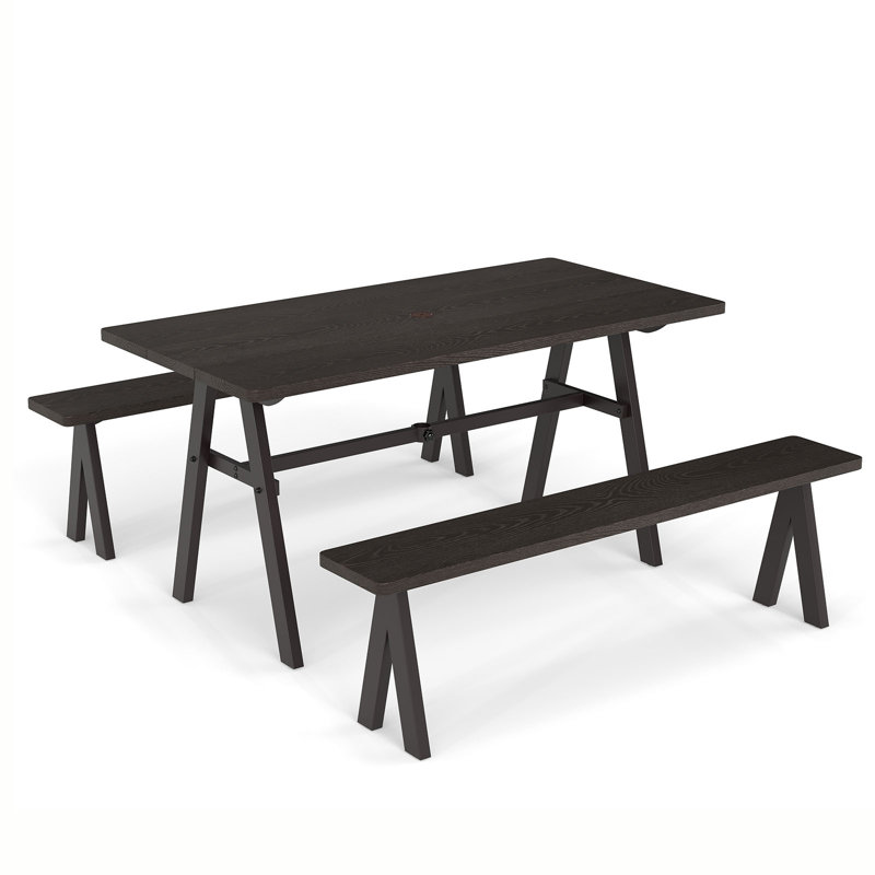 3 PCS Outdoor Picnic Table and Benches Set for 6 People 1.93'' Umbrella Hole