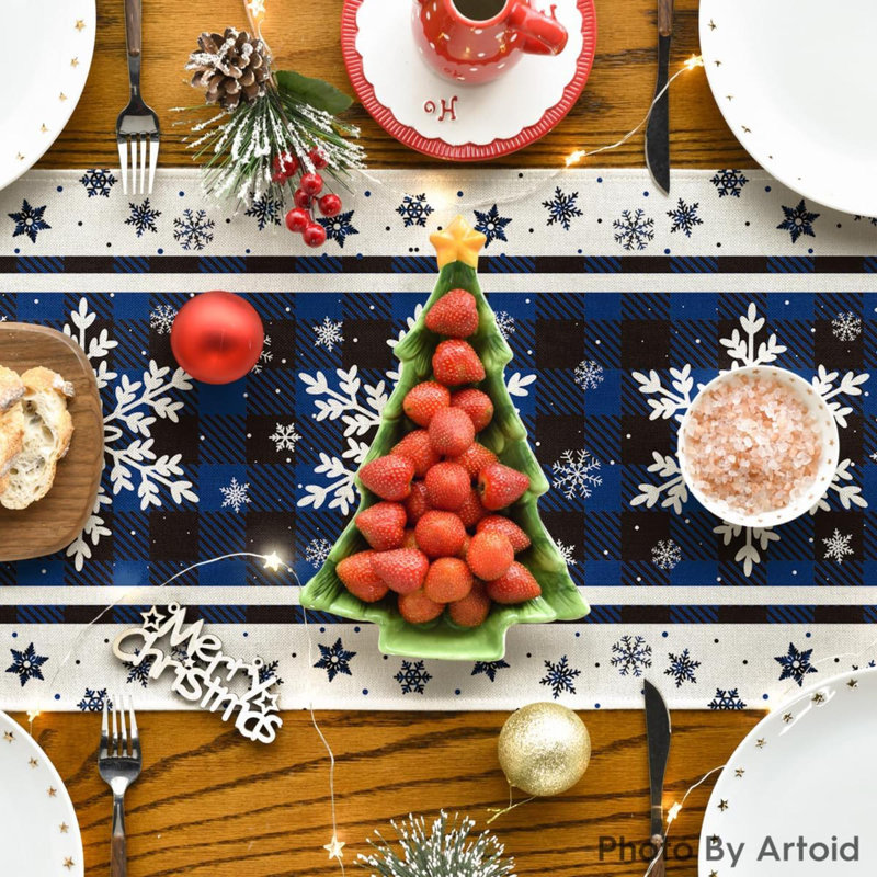 Artoid Mode Buffalo Plaid Snowflakes Blue Christmas Table Runner, Seasonal Winter Kitchen Dining Table Decoration For Home Party Decor 13X108 Inch
