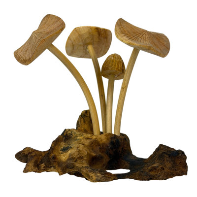 Sculpture rustique en bois en forme de champignon, posée sur un socle en racine naturelle, pour la décoration de table, 15 cm de haut.