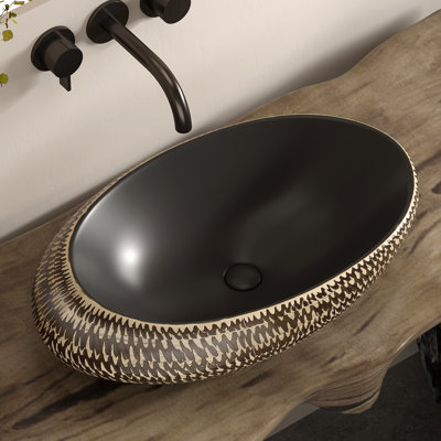 Lavabo vasque en céramique noir moderne Yingze, lavabo de comptoir rétro en forme d'œuf de 23 po, lavabo artistique au-dessus du comptoir