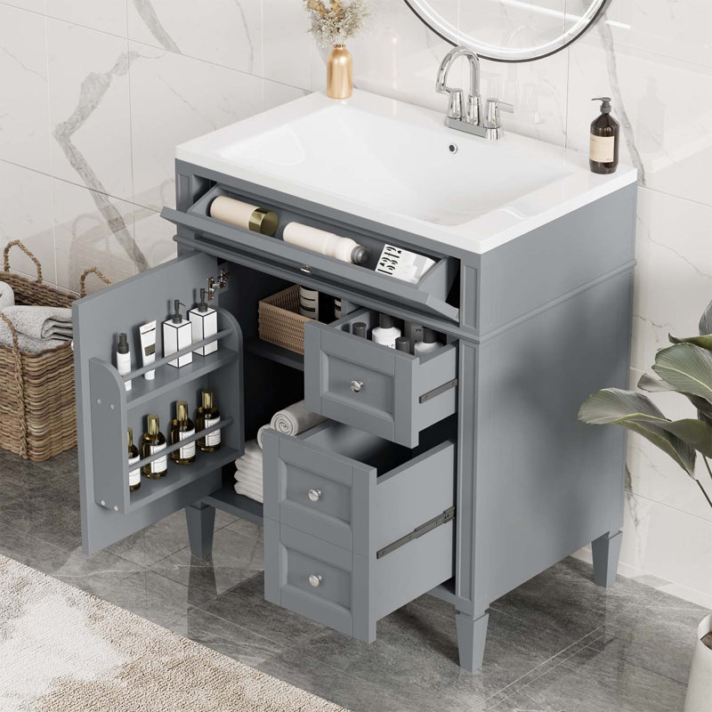 Diajah 30 " W Freestanding Standard Single Vanity Bathroom Vanity With Ceramic Top, Gray