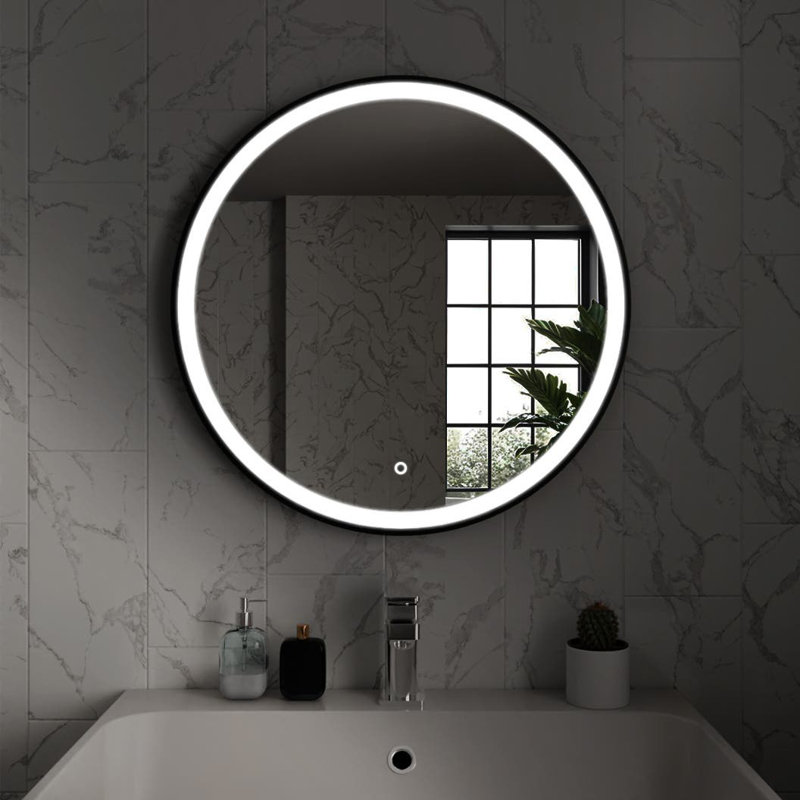 Round LED Bathroom Mirror Fog Free Touch Sensor, 80 cm H x 80 cm W, Matt Black