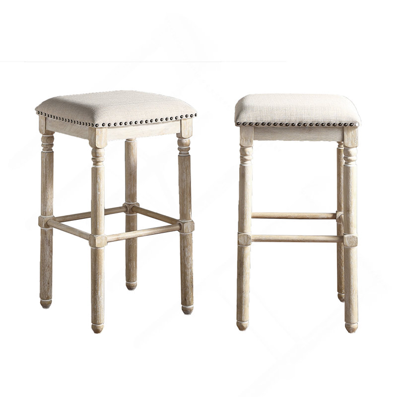 Arnhem Wood Upholstered Bar Stools, Set Of 2, Tan, Beige Seat/Light Brown Frame