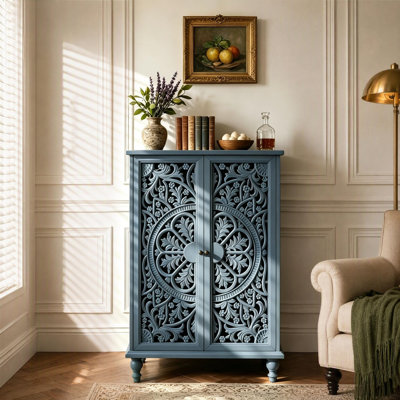 47" Tall Farmhouse Vintage Decorative Storage Cabinet with Floral Carved Door, Freestanding Retro Display Side Cabinet with Adjustable Shelf and Solid Wood Legs for Living Room, Entryway, Dining Room, Blue