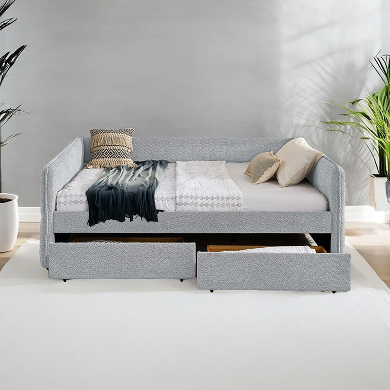 Daybed With Trundle Upholstered Tufted Sofa Bed, With Two Drawers, Queen Size, Boucle Fabric, Gray