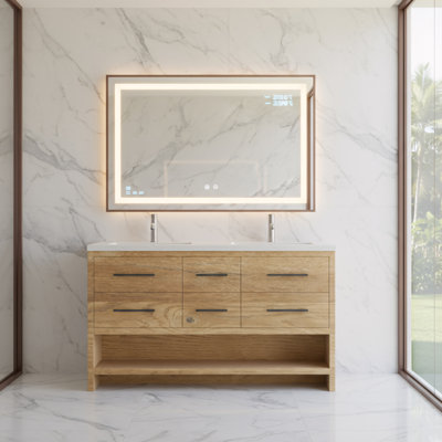 Meuble-lavabo autoportant à 6 tiroirs l 60 po x P 21 po avec double lavabo et comptoir en polymère blanc Wicksham