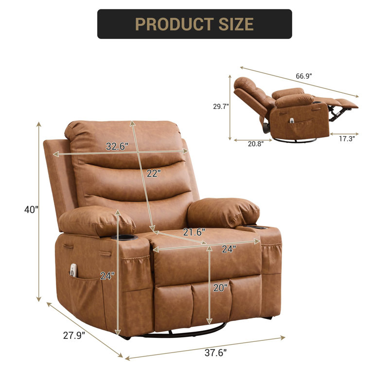 Fauteuil inclinable à bascule pivotant 360 ° pour petits espaces, fauteuil de chambre de bébé rembourré en tissu avec poches latérales avec porte-gobelet, fauteuil inclinable massant et chauffant