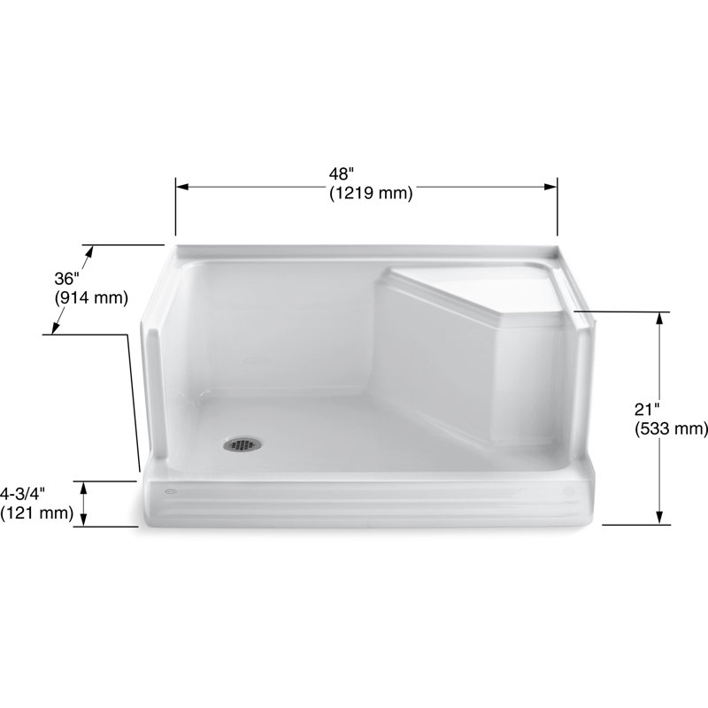 Base de douche à drain à gauche à seuil simple 48 po x 36 po Memoir® avec siège intégré à droite, Blanc