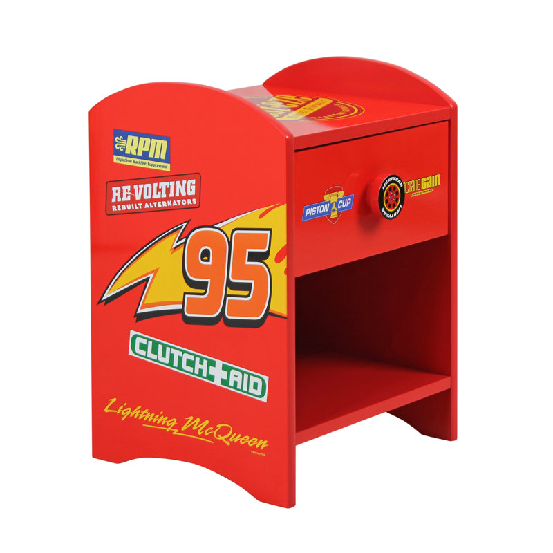 Disney Cars Lightning McQueen Bedside Table: Sturdy Engineered Wood Construction featuring a 2-tier Design for Ample Storage, Small Side Table with Drawer and Storage Shelf for Kid's Bedroom