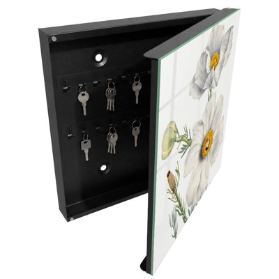 Key cabinet, Opens to the left, 30x30x5, White, White flowers with yellow centers and greenery, 