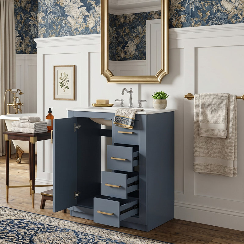 Meuble-lavabo autoportant moderne de 24 po avec lavabo central en céramique de 4 po, buffet de rangement à cadre en bois massif avec 3 tiroirs asymétriques et porte à fermeture en douceur (disponible en bleu et blanc)