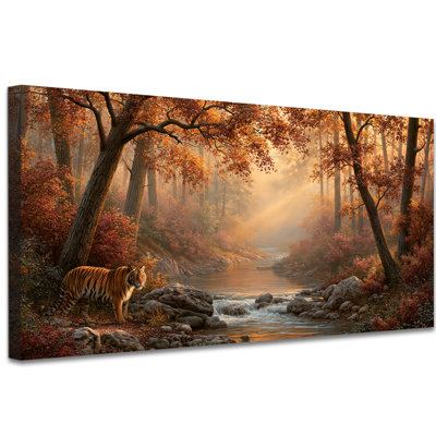 Automne, toile, automne, forêt, rivière, tigre, peinture, ferme rustique, œuvre d'art pour la maison, chambre à coucher, salon, décoration murale