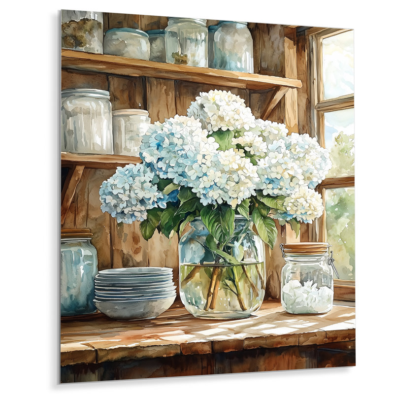 «Hydrangeas In The Farm Kitchen III», reproduction d'art traditionnelle en métal, hydrangées en métal, 40" H x 30" W