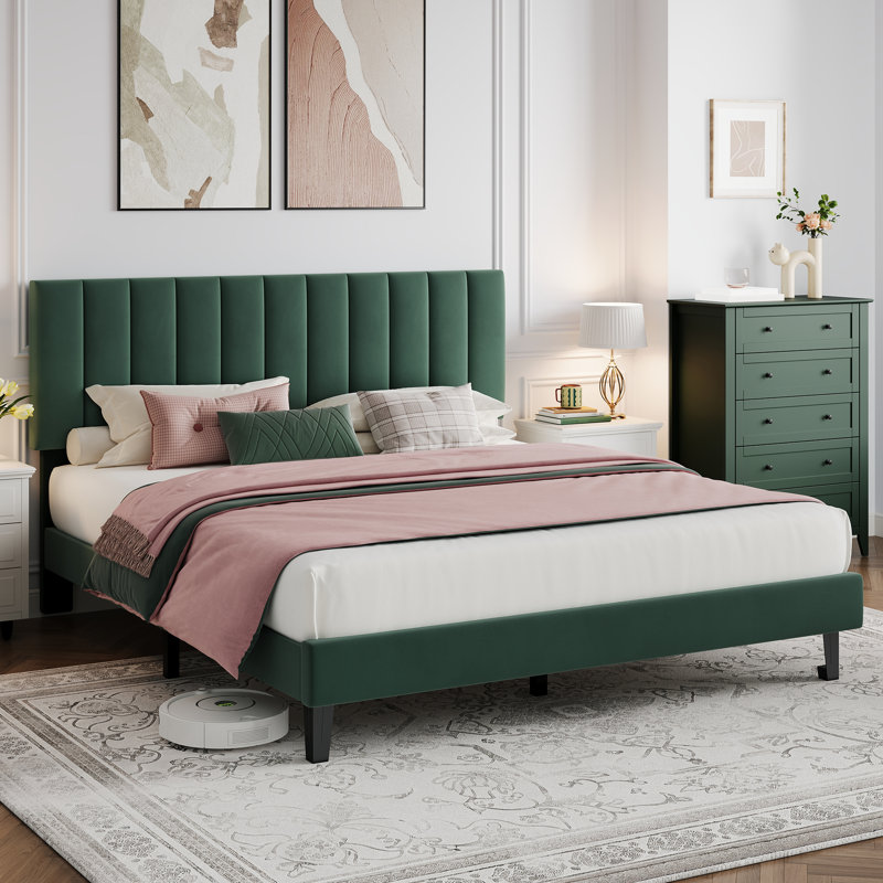 Queen Size Bed Frame, Velvet Upholstered Platform Bed with Vertical Channel Tufted Headboard,  Mattress Foundation with Strong Wood Slat, No Box Spring Needed, Easy Assembly, Green