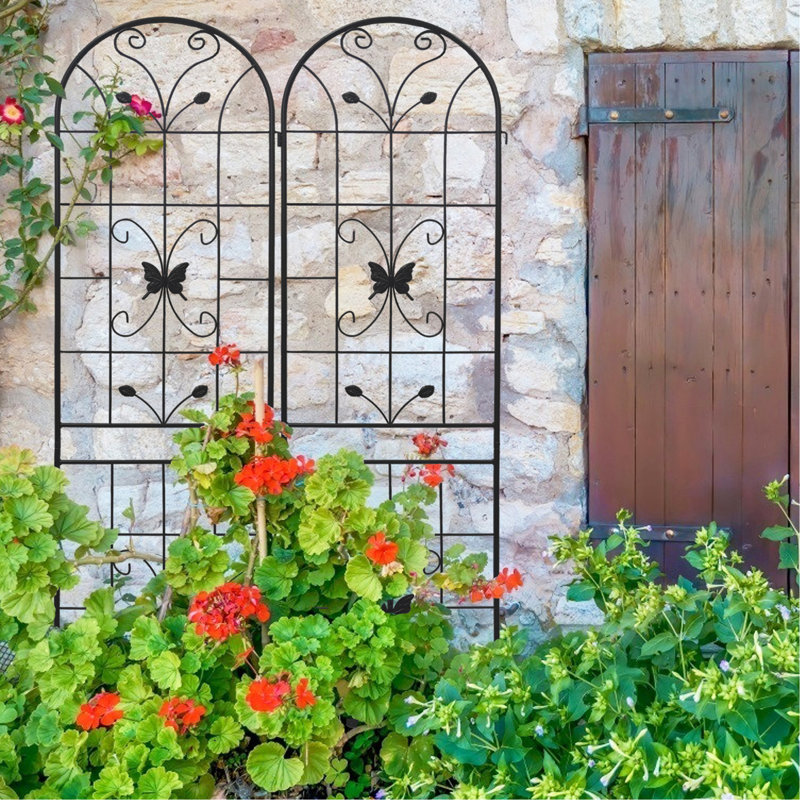 Treillis en métal 86,7 po x 19,7 po, paquet de 4, antirouille pour plantes grimpantes d'extérieur, tuyau rond galvanisé noir, support à fleurs double
