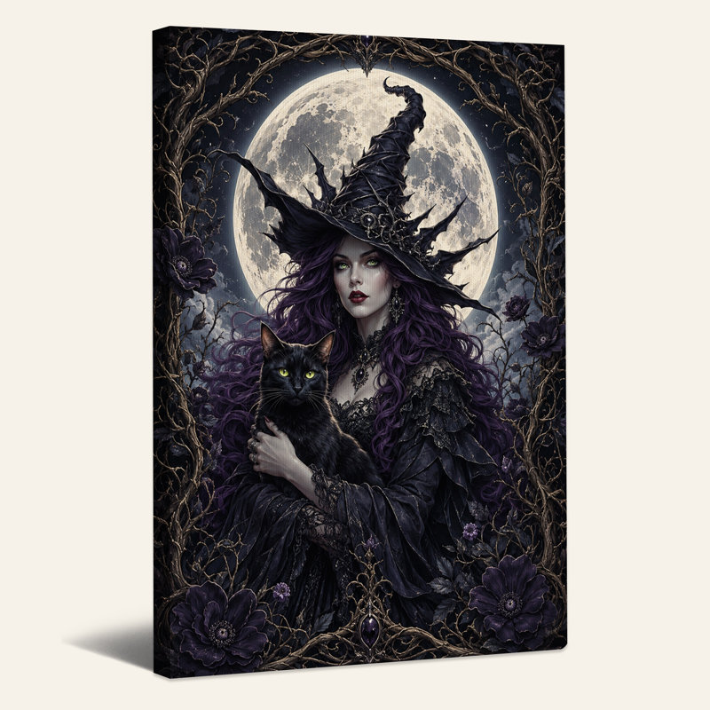 «Witch with Black Cat Under Full Moon In Dark», art mural sur toile, H 48 po x l 36 po
