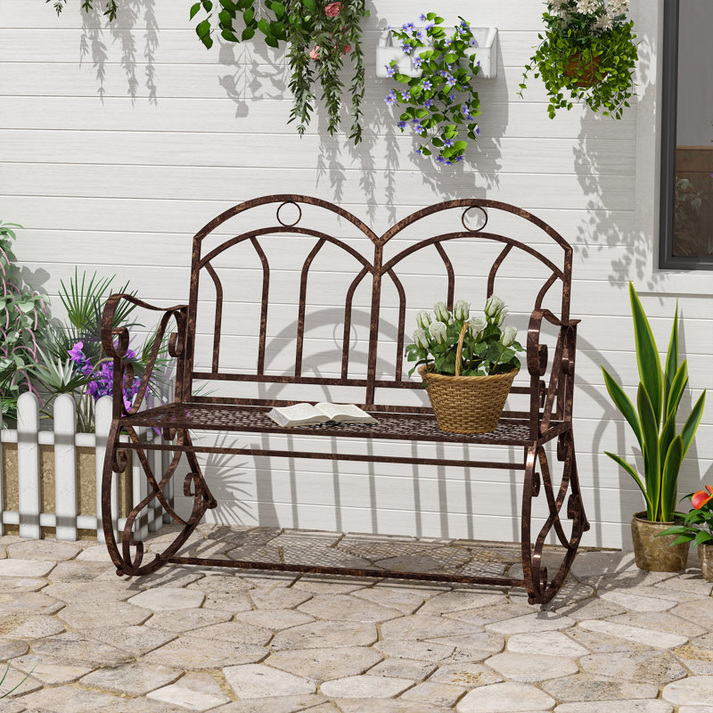 Outsunny 2 Seater Metal Garden Park Bench Outdoor Rocking Chair Bronze