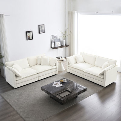 2 canapé en chenille blanc - tissu respirant pour la maison. Fabrication en bois. Revêtement très respirant. Rembourrage en éponge. Ensemble de sièges modulaires. Espace de détente confortable. Assemblage facile