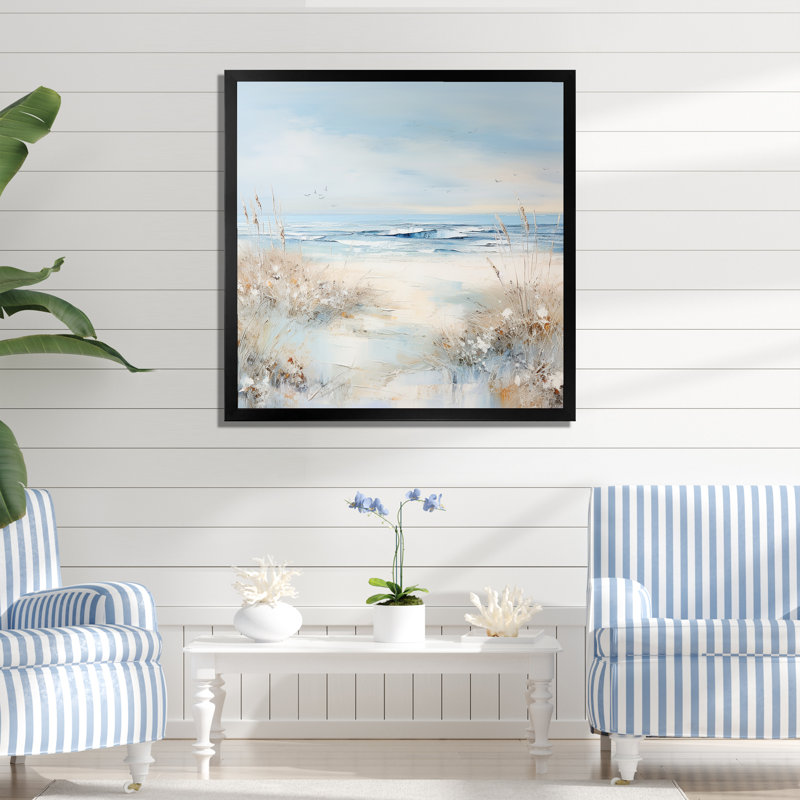 «Coastal Ocean Charm in Winter» - art mural océan côtier, H 30 po x l 30 po x P 1 po, Cadre simple noir