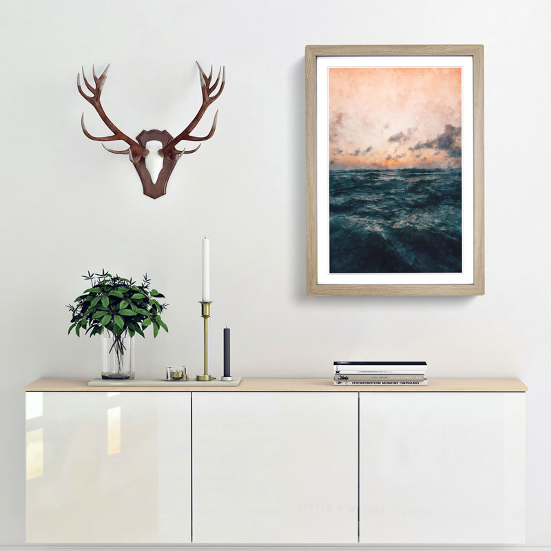 Ocean Beneath a Peach Sky - Picture Frame Graphic Art Print, Oak Framed, 87cm H x 62cm W x 2cm D