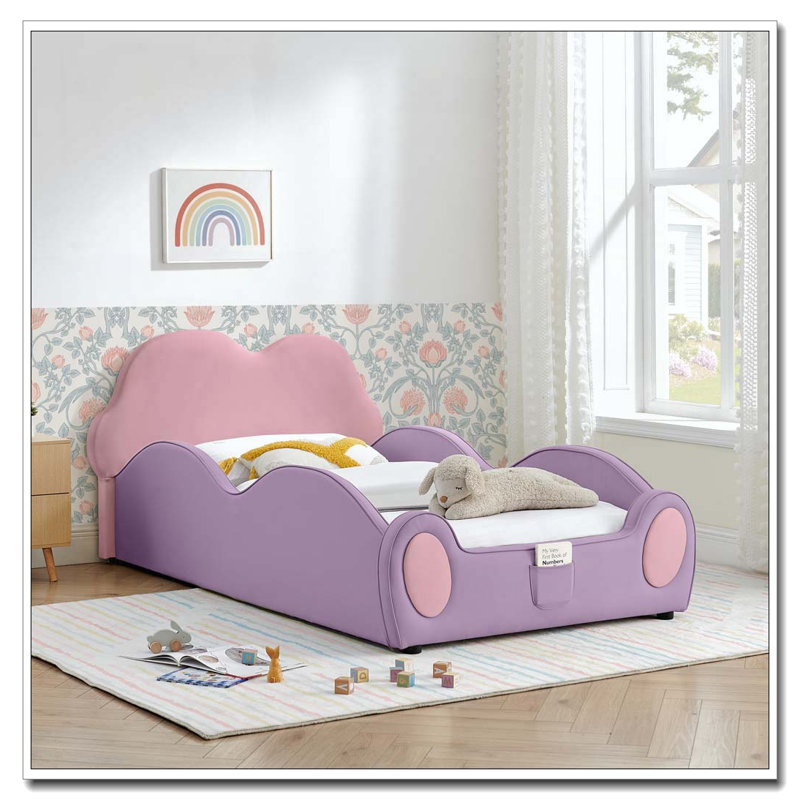Mignon lit pour enfants en cuir de polyuréthane avec garde-corps et lit de sécurité pour tout-petits, Beige