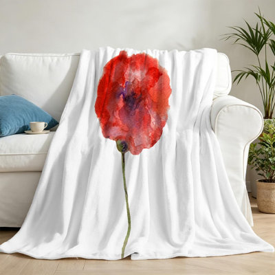 Jeté en molleton rouge ultra doux, imprimé coquelicot aquarelle