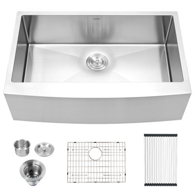 24" L x 21" W Stainless Steel Farmhouse Kitchen Sink with Basket strainer, Sink Grid and Roll-up Rack