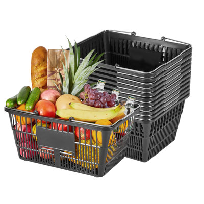 Paniers de magasinage, 12 PCS, paniers d'épicerie en plastique PE empilables de 21 L avec poignées, structure en filet dense, peut supporter jusqu'à 20 lb, portable pour l'épicerie, la vente au détail, les magasins, les épiceries, l'utilisation à la maison, noir