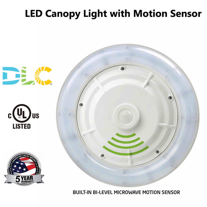 Round LED Garage Canopy Light With Motion Sensor 45W 5000K 120-277V Dimmable White Housing Fixture