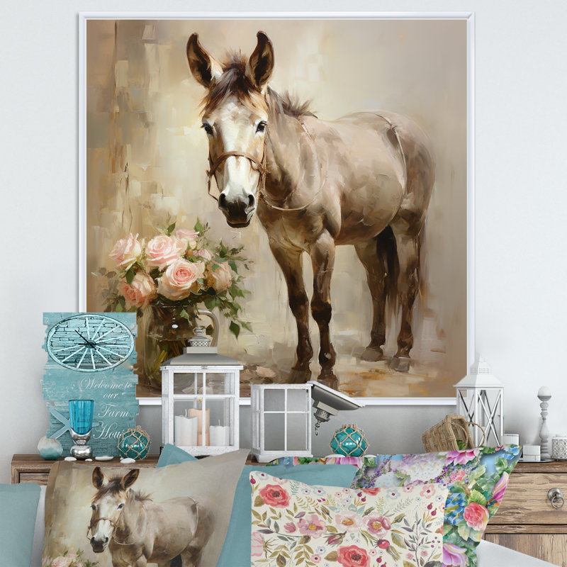 «Farmhouse Donkey In Field I», art mural âne, Cadre flottant blanc, H 30 po x l 30 po x P 1,5 po