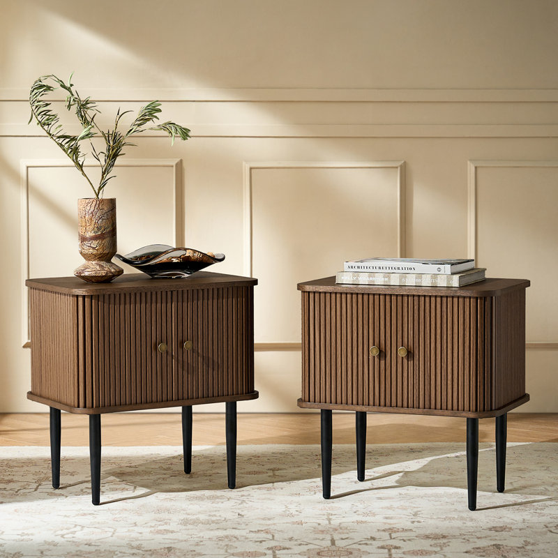 Vetter Modern 21.6" W Modern Slattd Tambour Door End Table (Set of 2), Walnut
